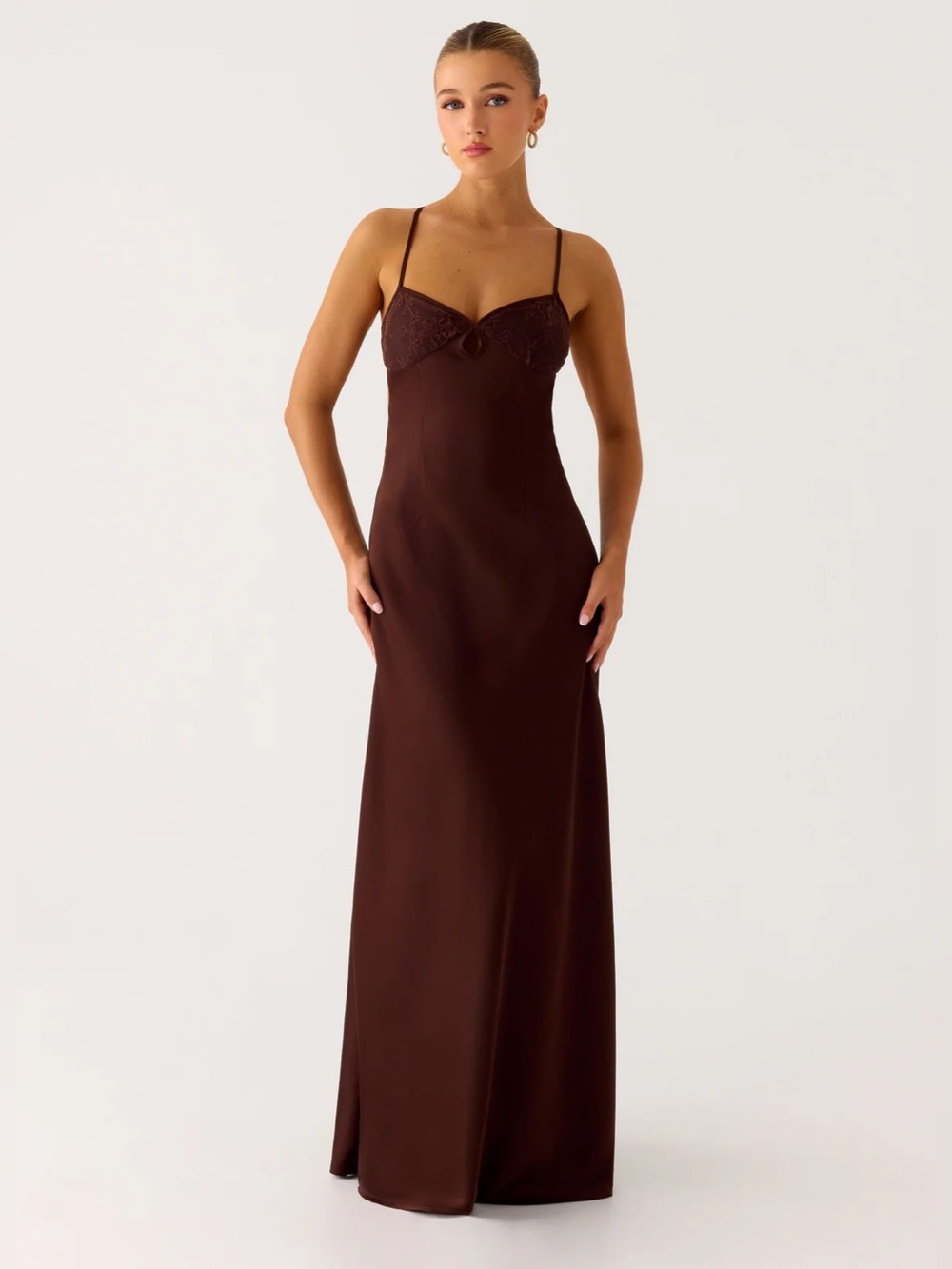 NWT JOANIE Maxi Dress Chocolate Brown peppermayo showpo sabo silk satin revolve